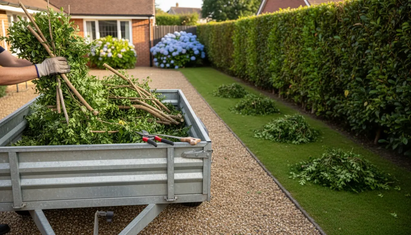 Handskebeklædte hænder læsser haveaffald i en trailer foran en nytrimmet hæk.