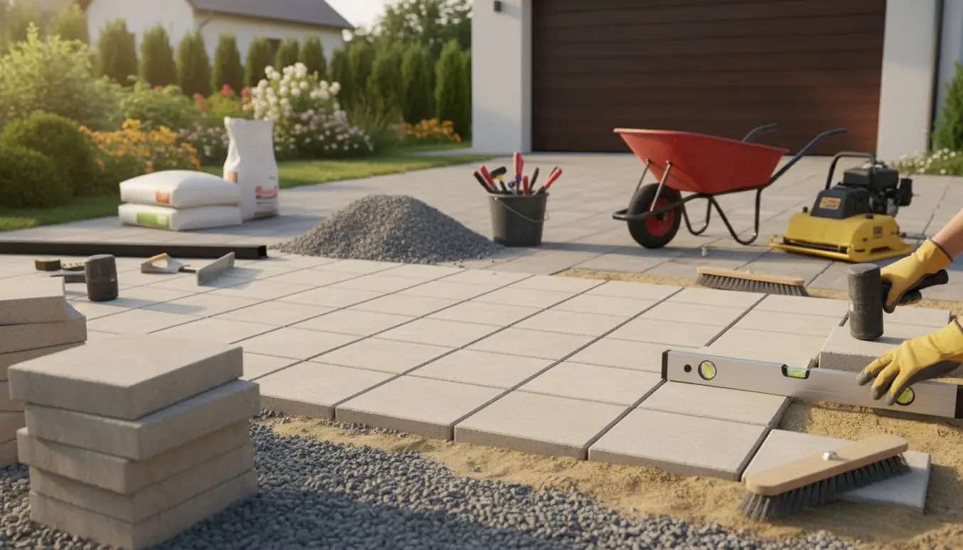 Kvadratiske fliser lægges på en indkørsel med grus og værktøj i fokus.
