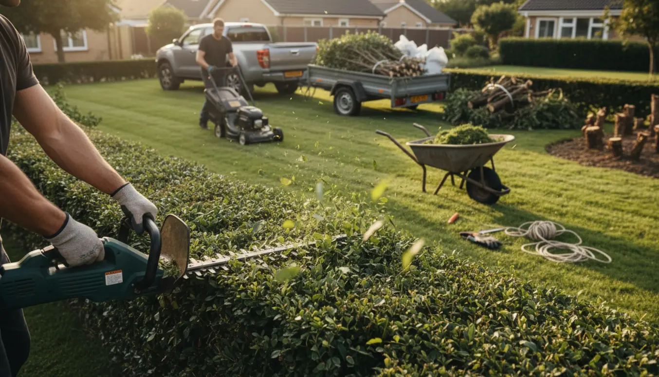 Personer klipper en stor hæk og slår græsset, mens afklip læsses i en trailer.