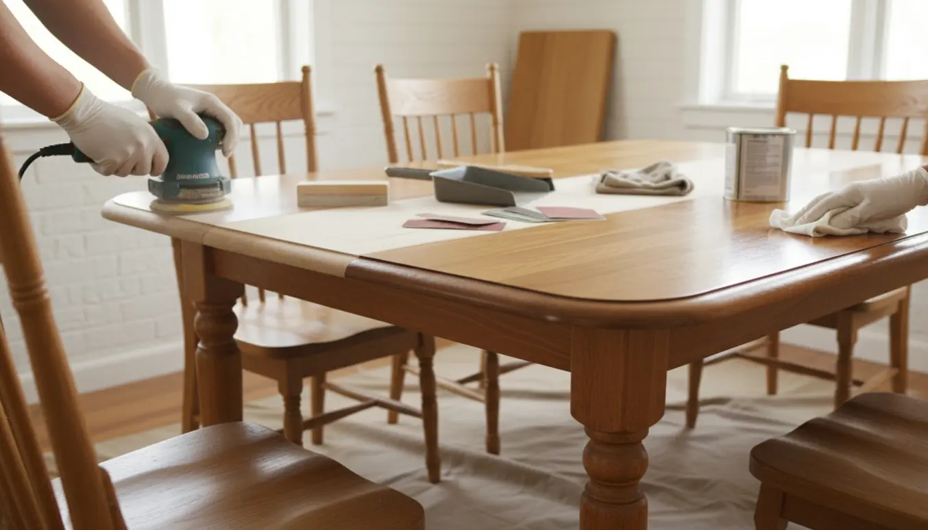 Nærbillede af et massivt træbord, hvor hænder sliber og olierer kanten med en ekstra bordplade og fire stole i baggrunden.
