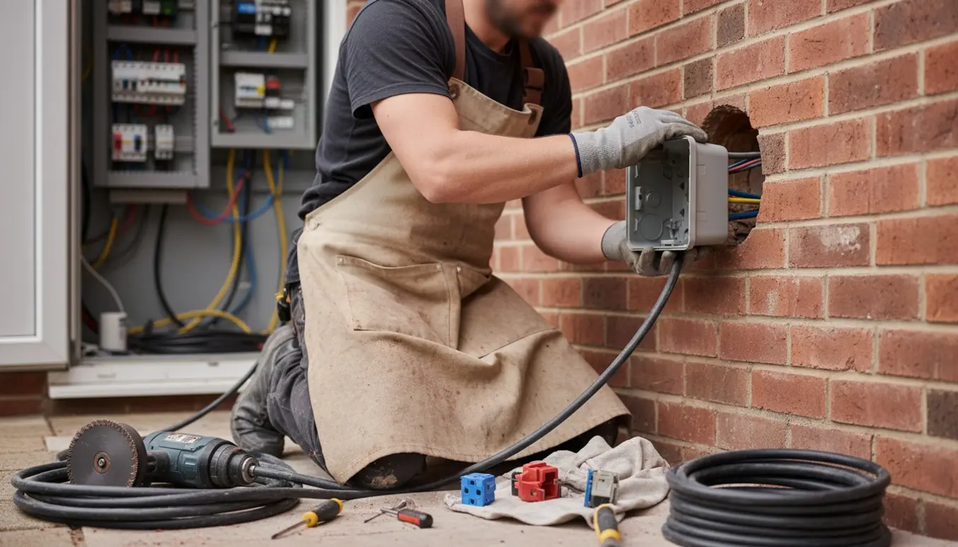 Handskered håndværker monterer et udendørs vejrbestandigt stik i en murstenmur med EV-ladekabel og hovedtavle i baggrunden.