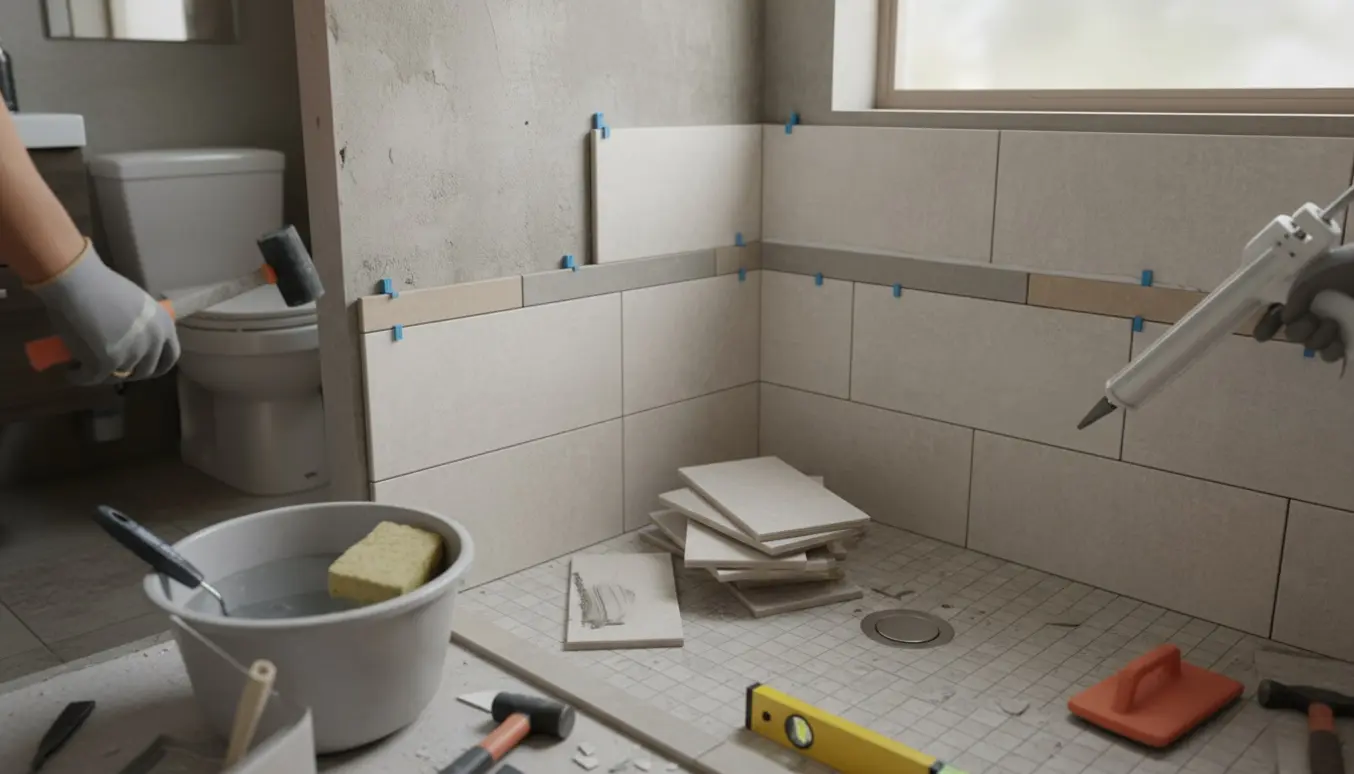 Håndværkerens hænder retter fliser og påfører silikone i et brusehjørne med værktøj og nye fliser.