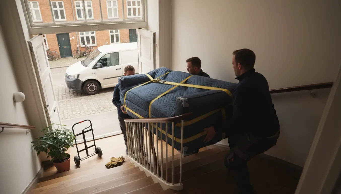 Personer bærer en stor sofa ned ad trappen mod en ventende flyttevogn i en københavnsk gade.