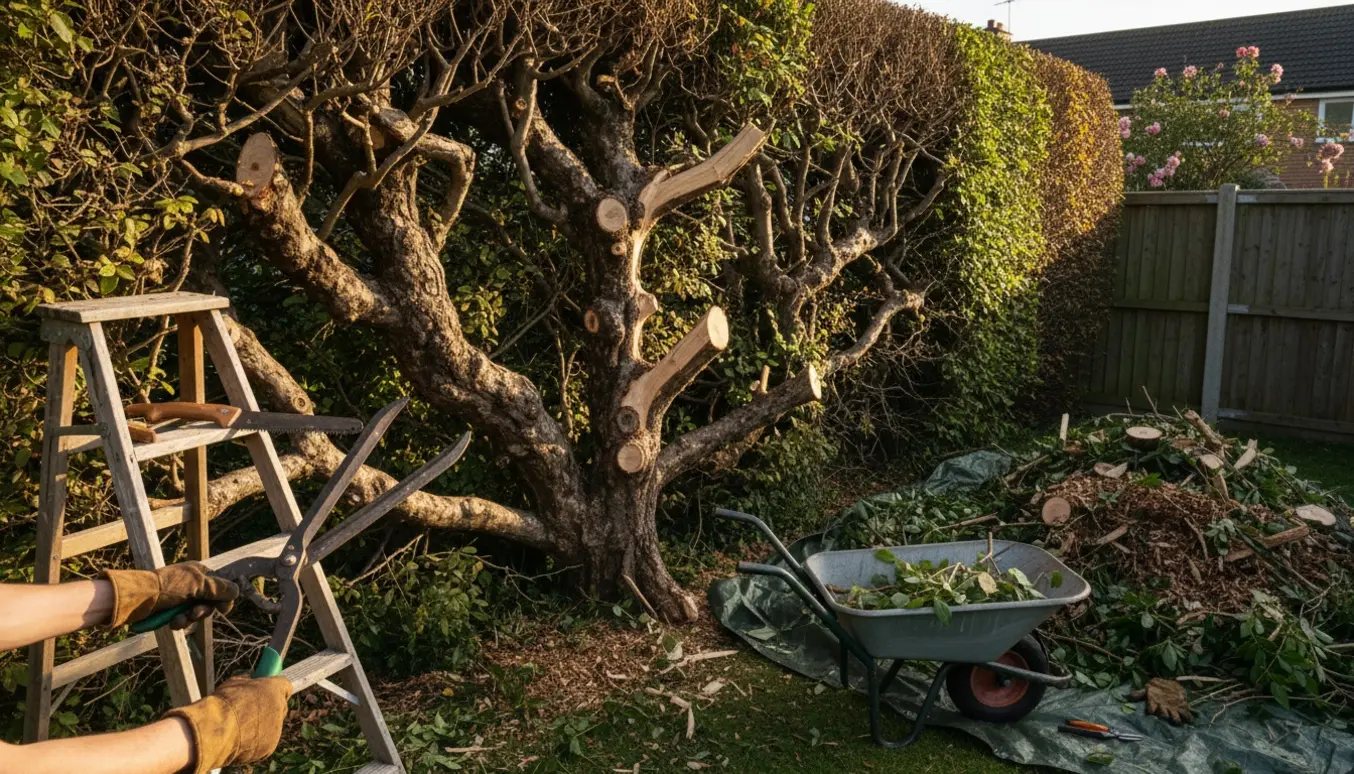 Overgroet hæk med indvoksede træstammer under beskæring og redskaber i forgrunden.