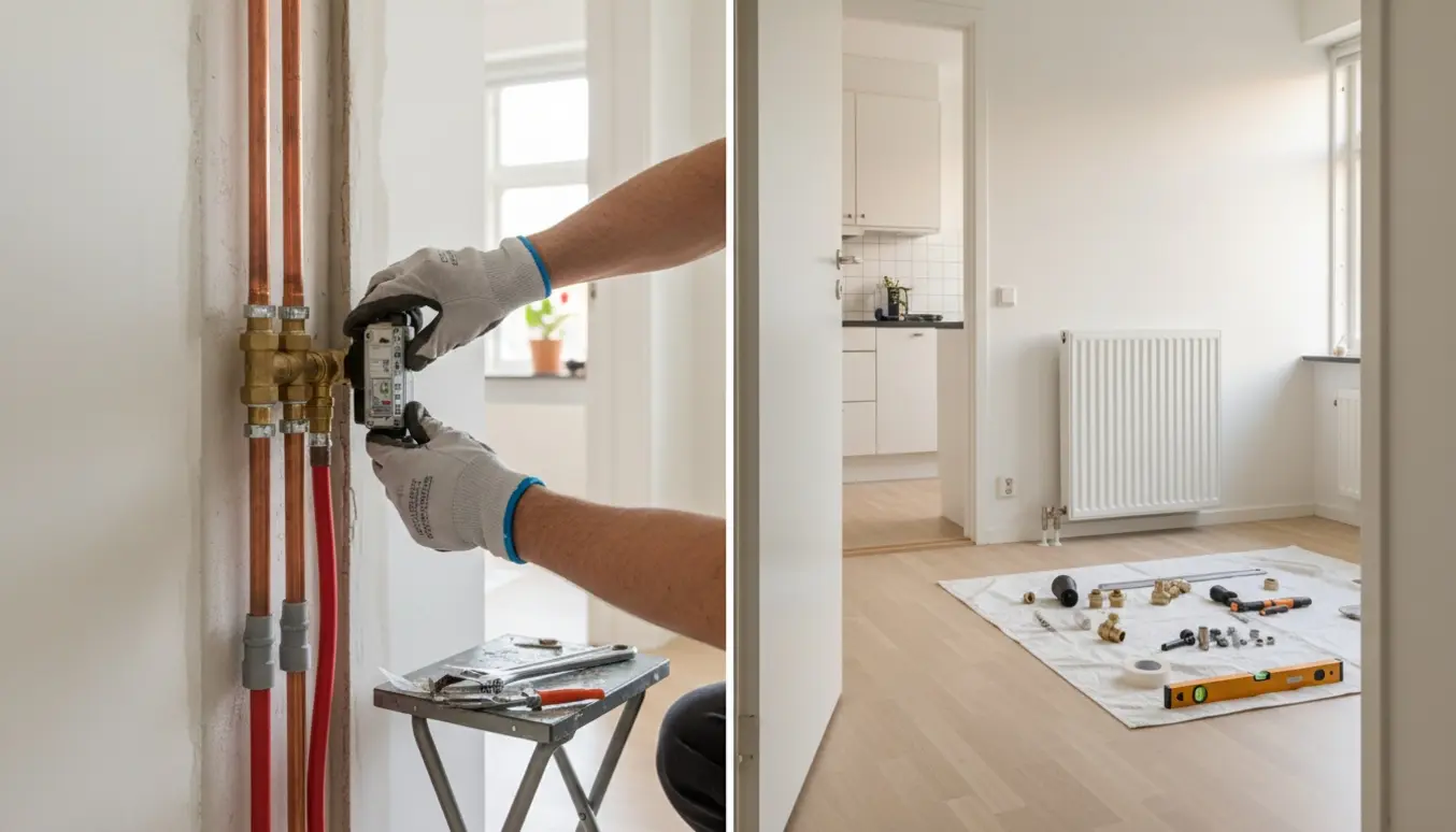 Hænder monterer en VVS-shunt på et lodret PEX-varmerør i gangen, med en ny panelradiator og værktøj i køkkenet i baggrunden.