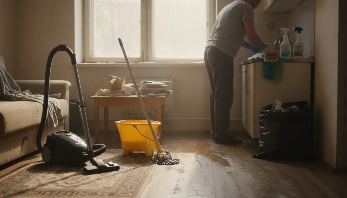 Gummihandsker og rengøringsudstyr i en solbelyst lejlighed under hovedrengøring.