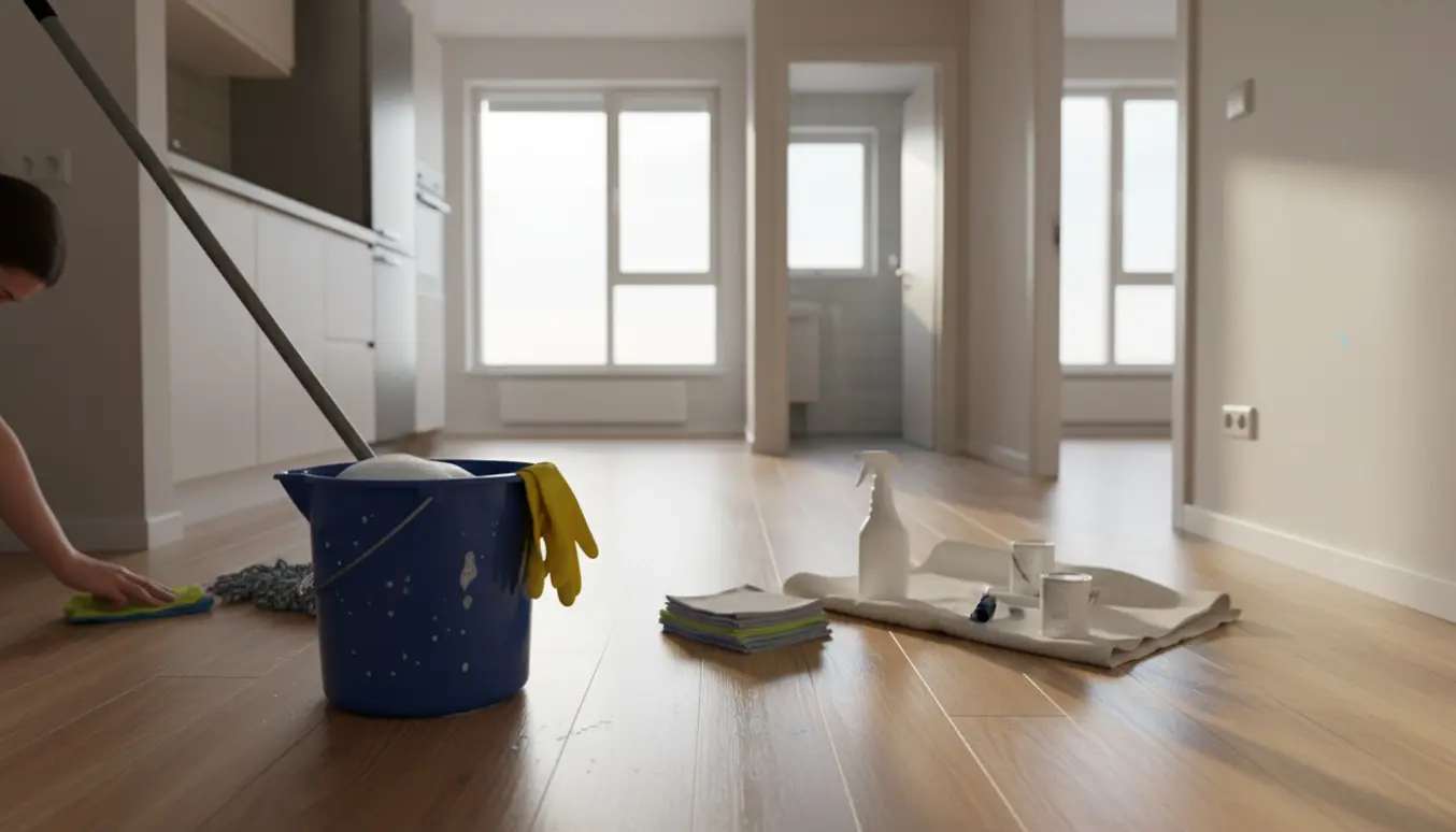 Rengøringsudstyr og handsker i brug, mens gulvet aftørres i en nymalet lejlighed.