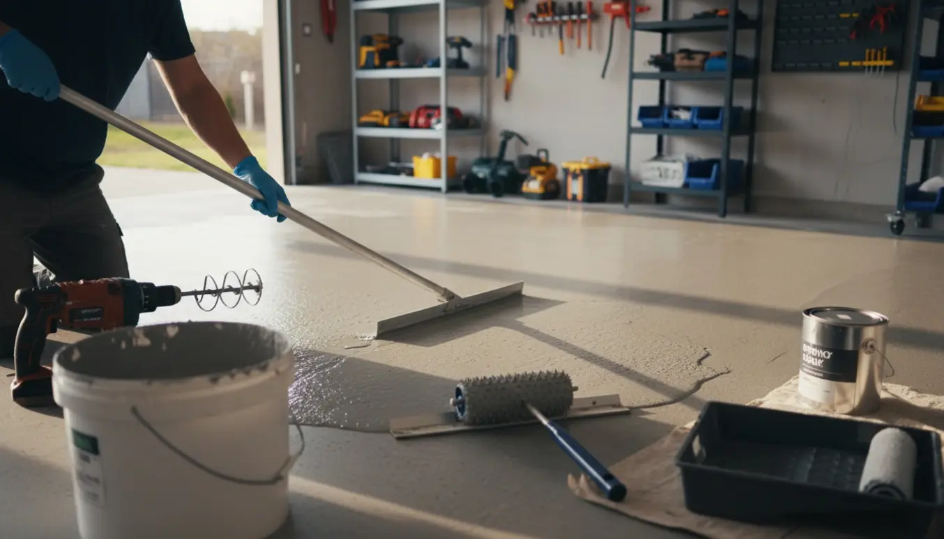 En garage hvor flydespartel glattes ud over et betongulv, klar til epoxy.