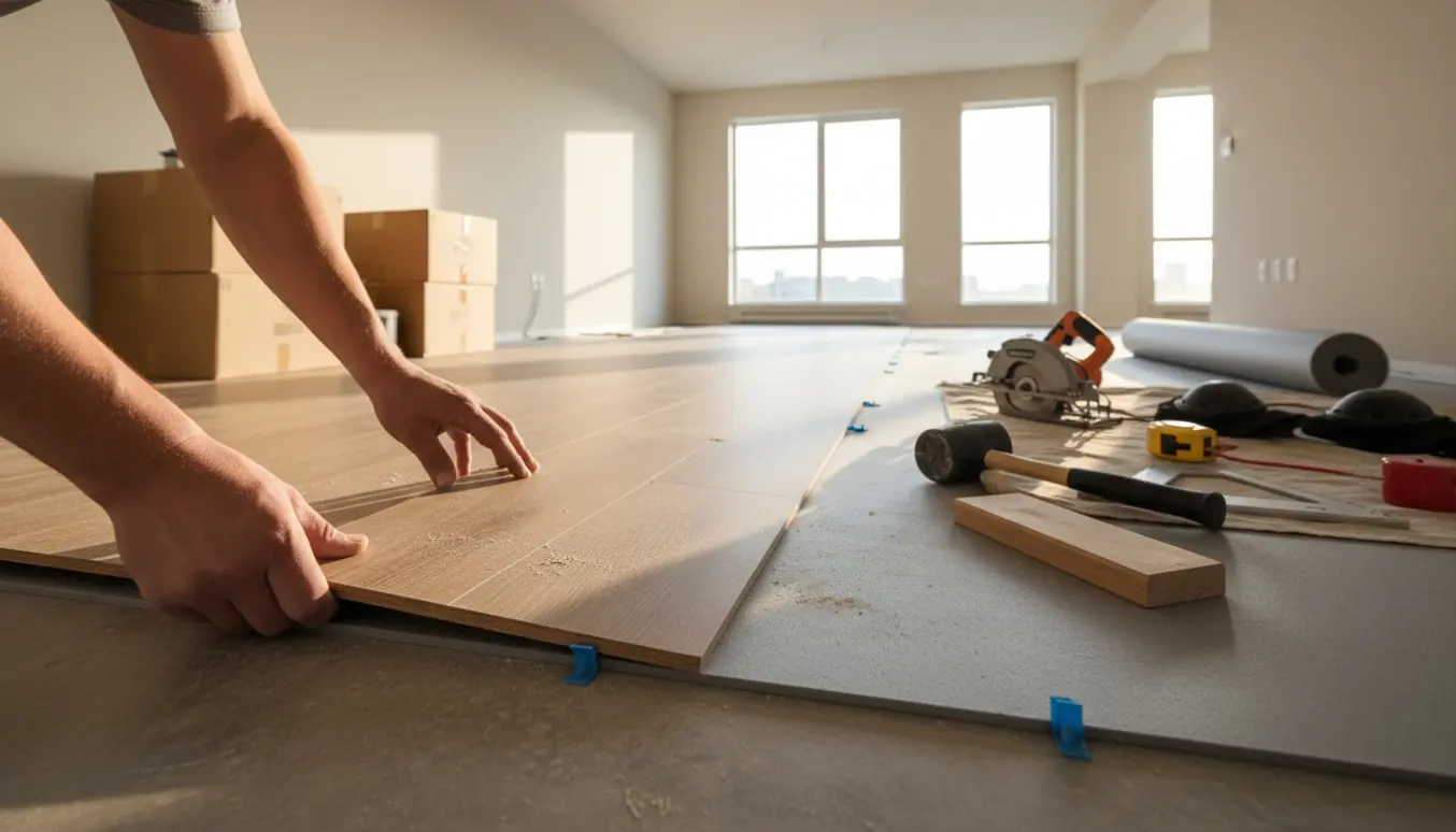 Installatør lægger klikgulv i en lys, åben lejlighed med stakke af gulvplanker og værktøj.