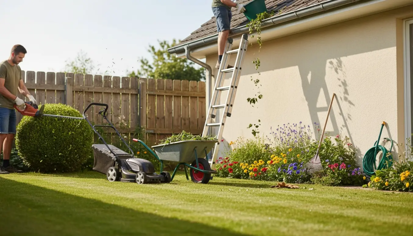 Nyslået græsplæne med kantklipning, beskårne hække og hænder, der renser tagrenden.