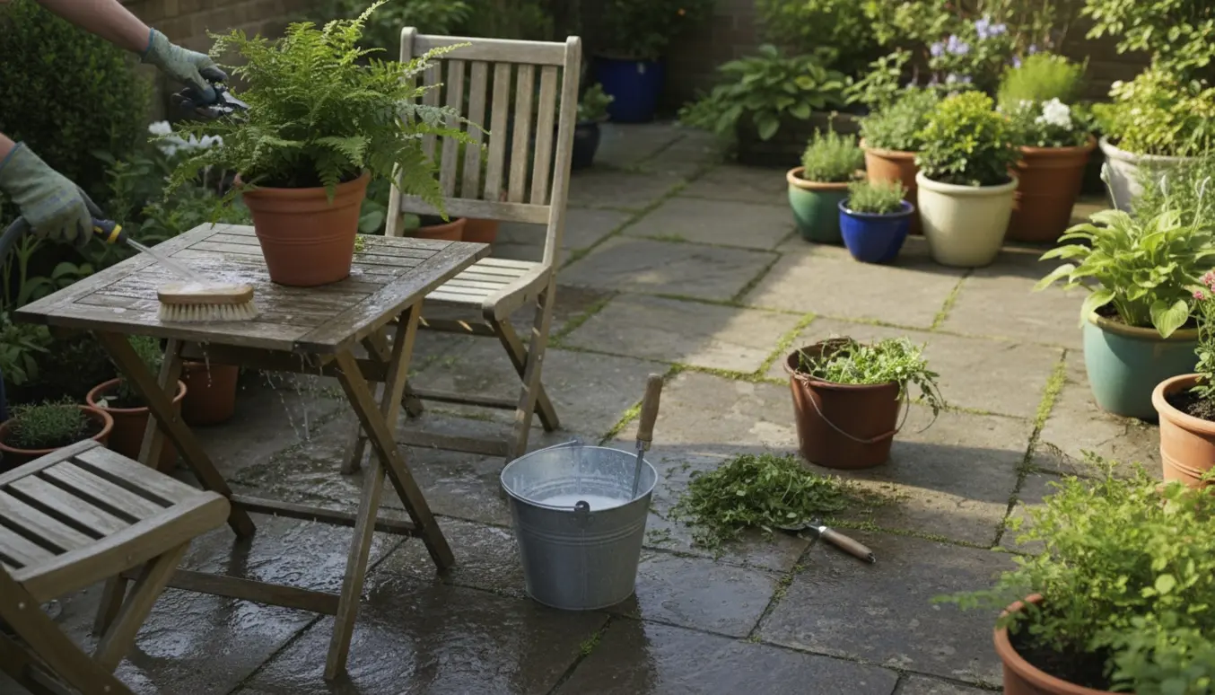 Lille flisebelagt terrasse med handsker, beskæresaks, spand og potteplanter, hvor ukrudt fjernes og havemøbler vaskes.