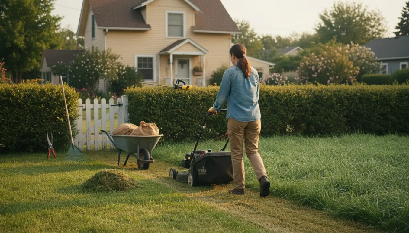 Ung kvinde set bagfra slår højt græs og klipper hække i en overgroet have ved et arvet hus.