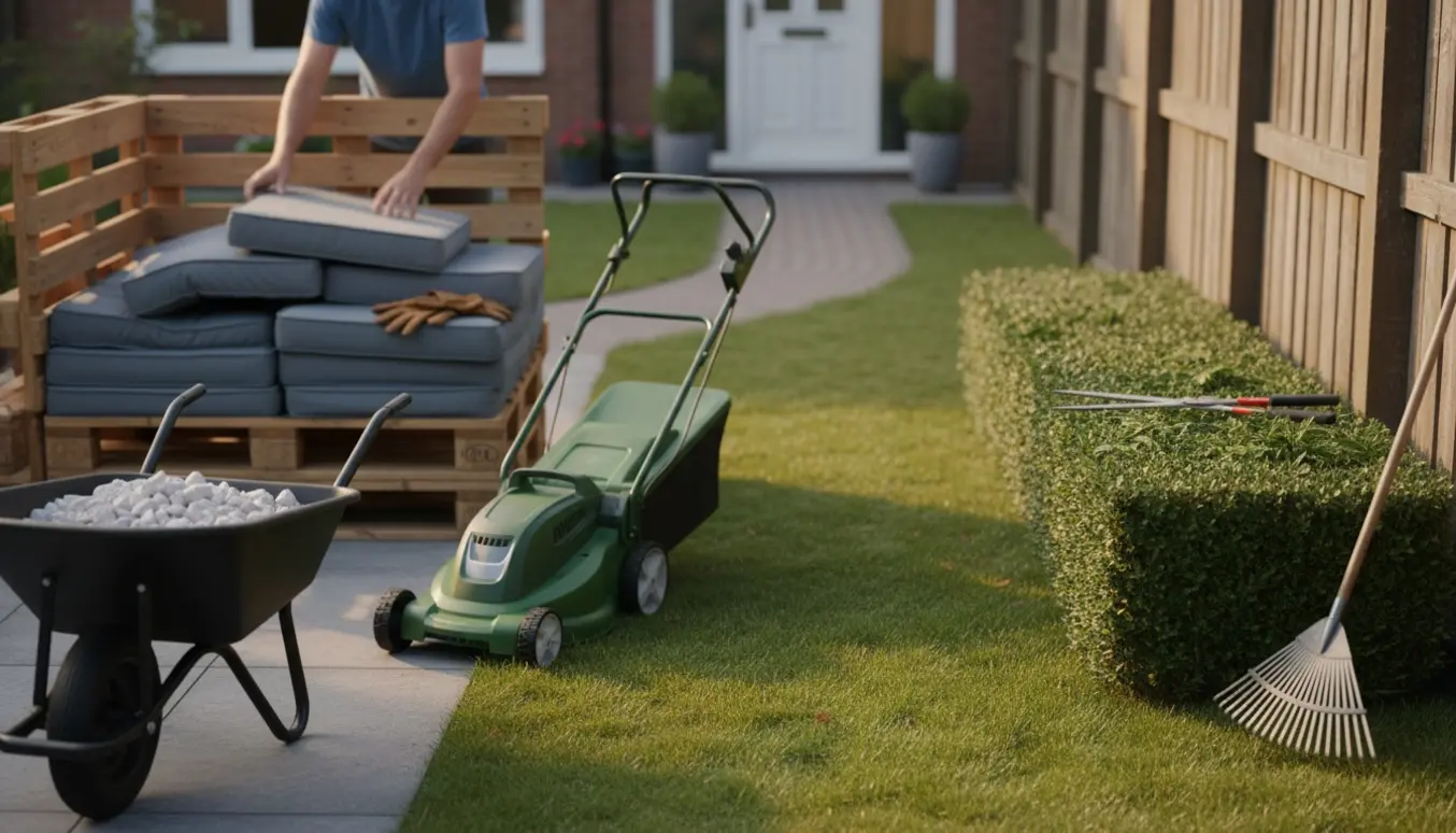 Have med nyslået græs, fjernede pallesofaer, stablede hvide granitsten og nyklippet hæk.