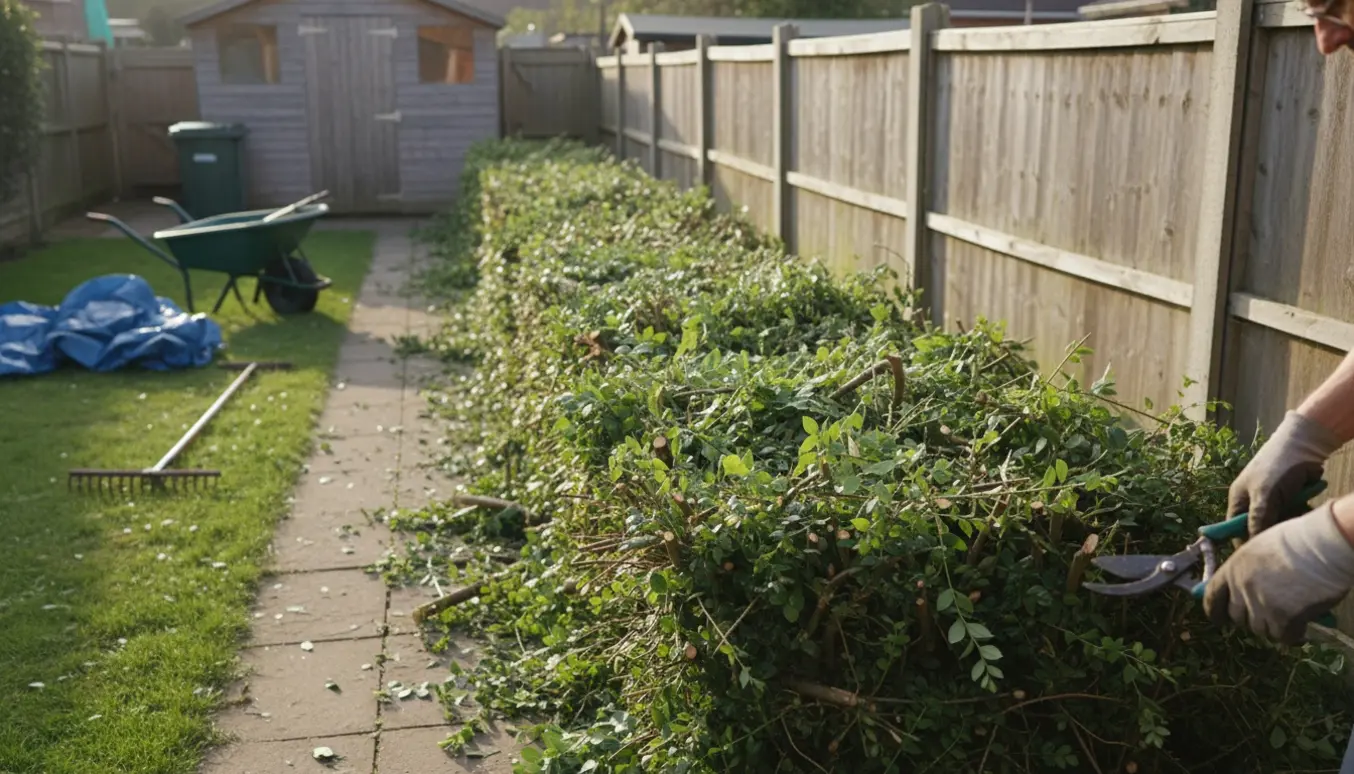 Lang bunke hækafklip med enkelte stormgrene lagt langs en have, klar til bortkørsel.