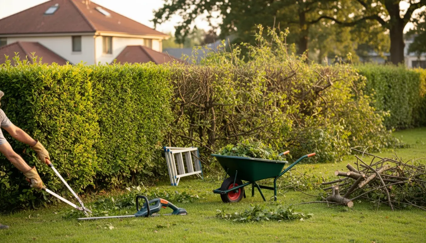 Lang havehæk med nyklippet side og utrimmet side, haveredskaber og handsker ved beskæring af tjørnehæk.