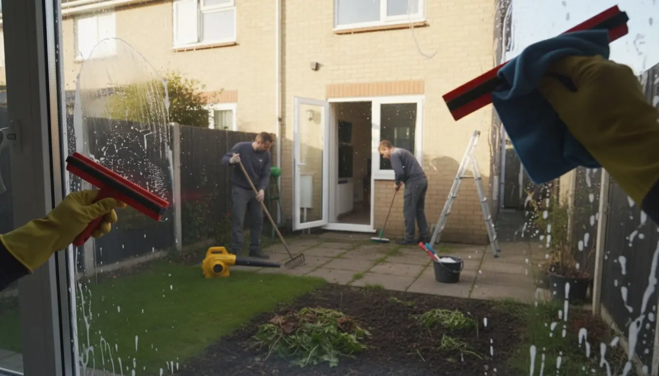 Nærbillede af en hånd, der pudser et vindue med riven og fejebørste i en renset forhave og terrasse i baggrunden.