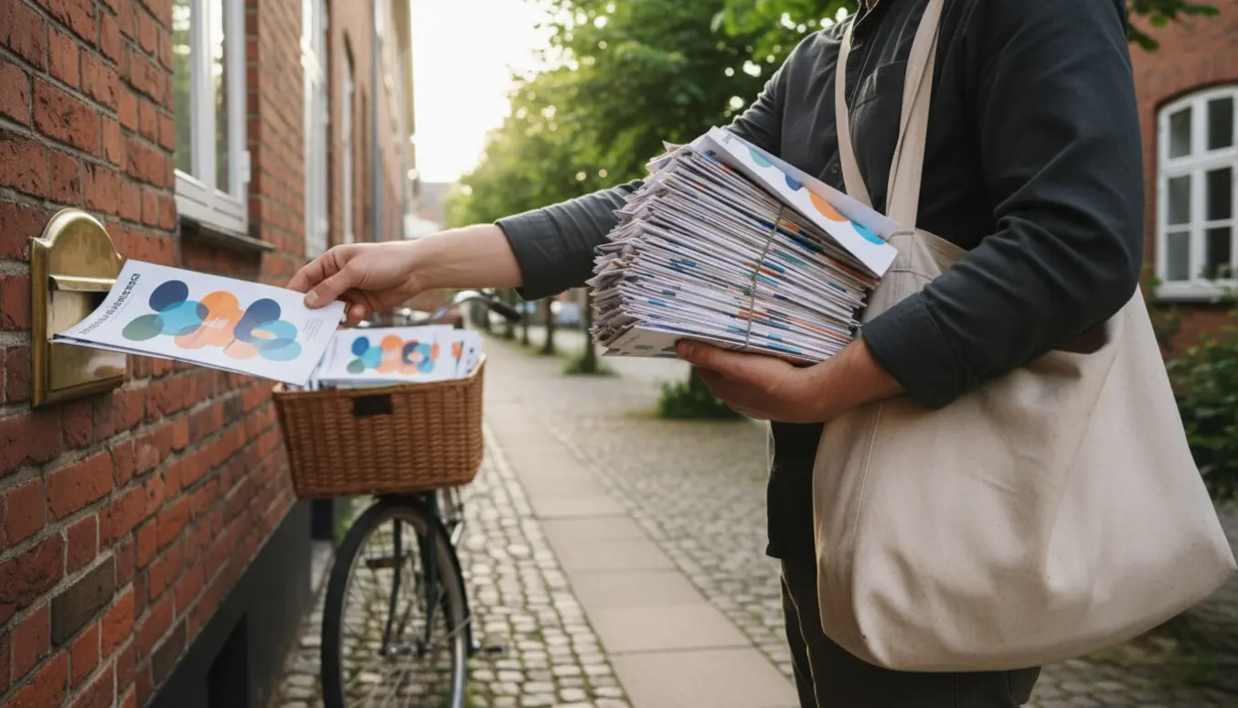 En person lægger flyers i en postkasse foran røde murstenshuse i Aarhus.