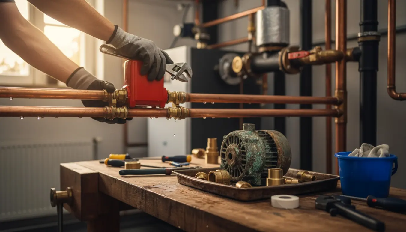 VVS-montør udskifter en gammel cirkulationspumpe i et varmeanlæg med en ny pumpe, omgivet af værktøj og rørfittings.