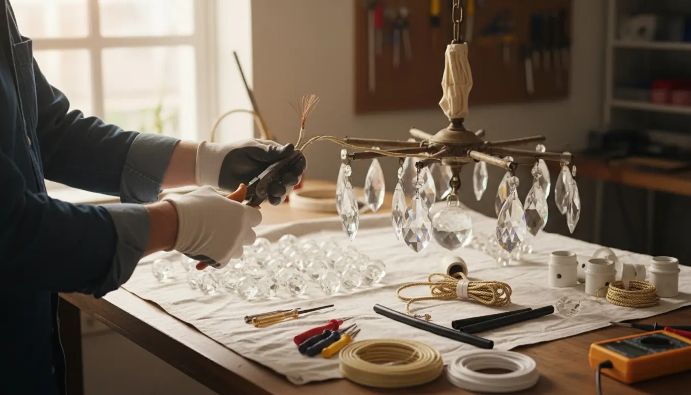 Gammel lysekrone på værksted med hænder, der reparerer ledninger ved hjælp af værktøj.