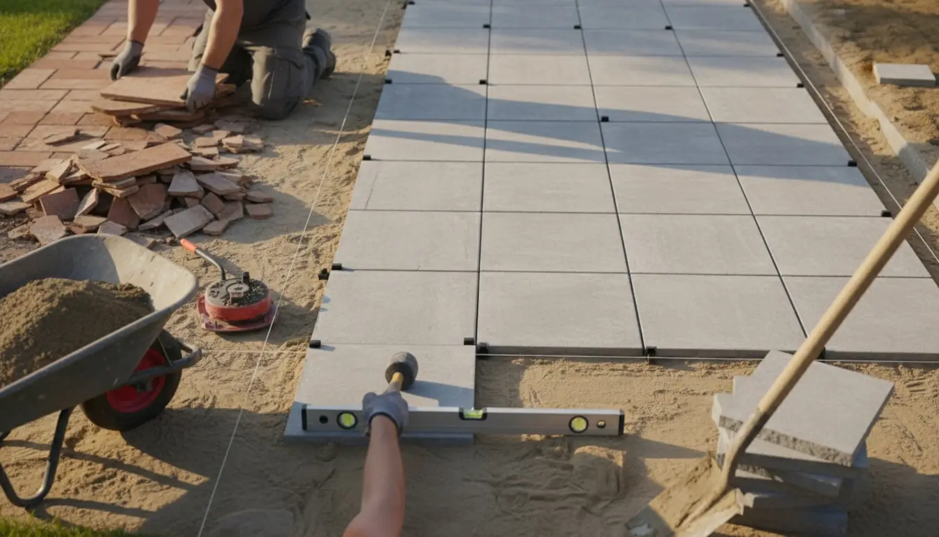 Fliseterrasse under opbygning med nye fliser, sand og værktøj.