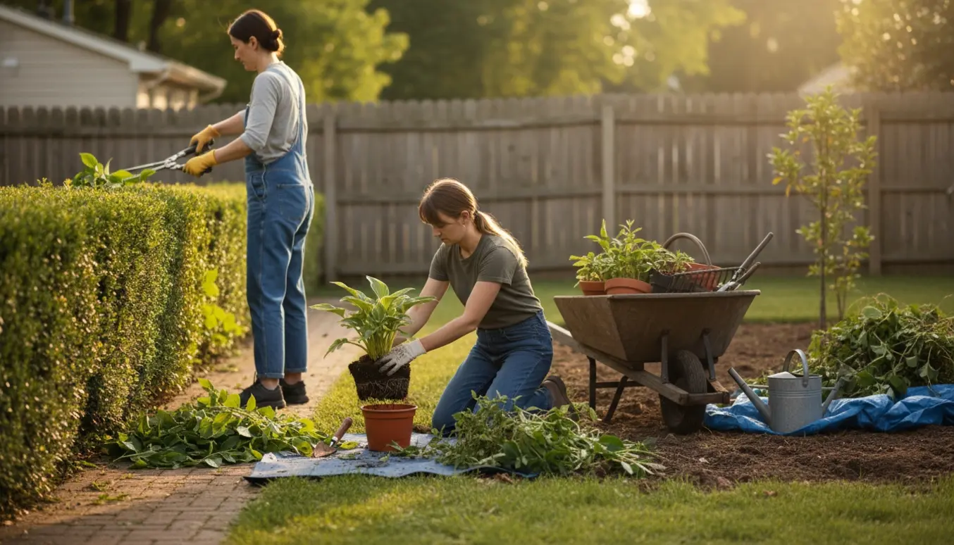 Overgroet have hvor hækken klippes, planter løftes i potter, og et bed ryddes for ukrudt.