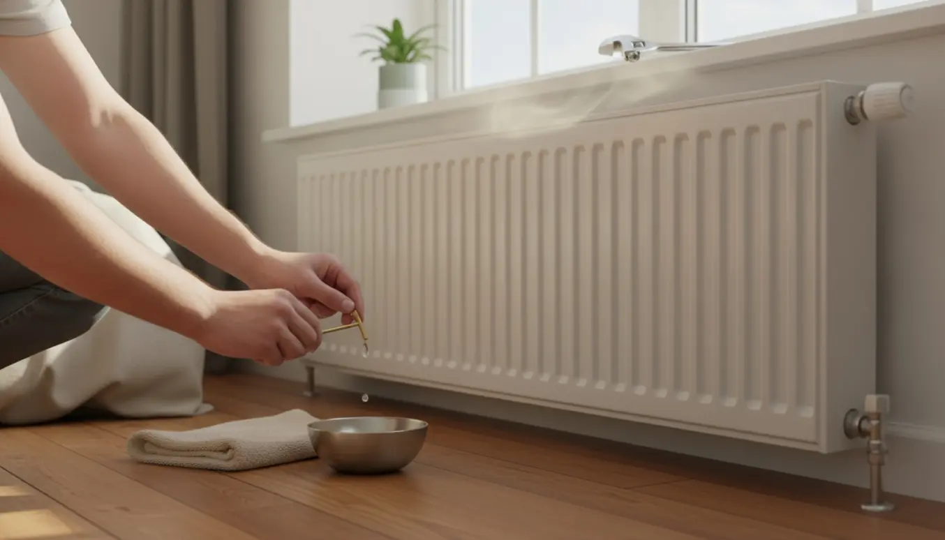Hænder lufter en radiator med en nøglen, så vand drypper i en skål under radiatoren.