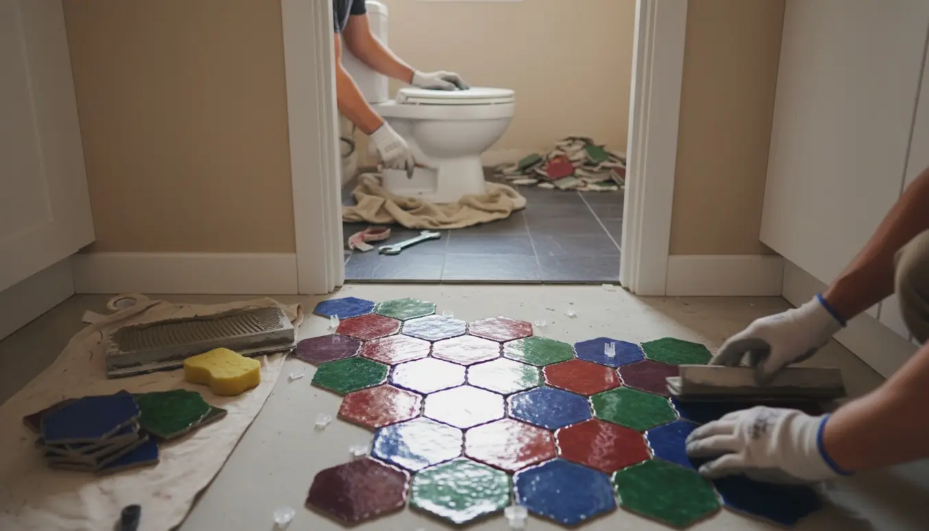 Fliseudskiftning i køkken og gæstetoilet med marokkanske zellige‑fliser i køkkenet og glaserede lavasten i toilettet.