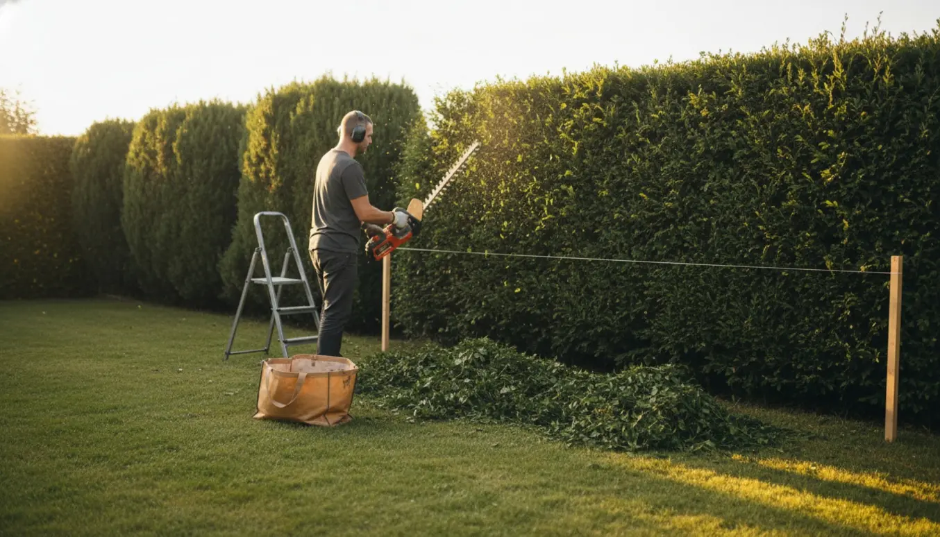En person trimmer toppen af en tæt hæk langs en markeret snor, med en bunke af afklip på græsset.