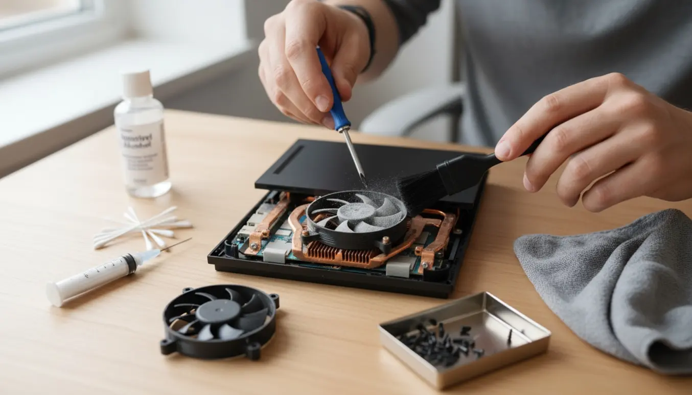 Åbnet PS4 på et arbejdsbord under reparation, hænder renser blæseren og påfører kølepasta.