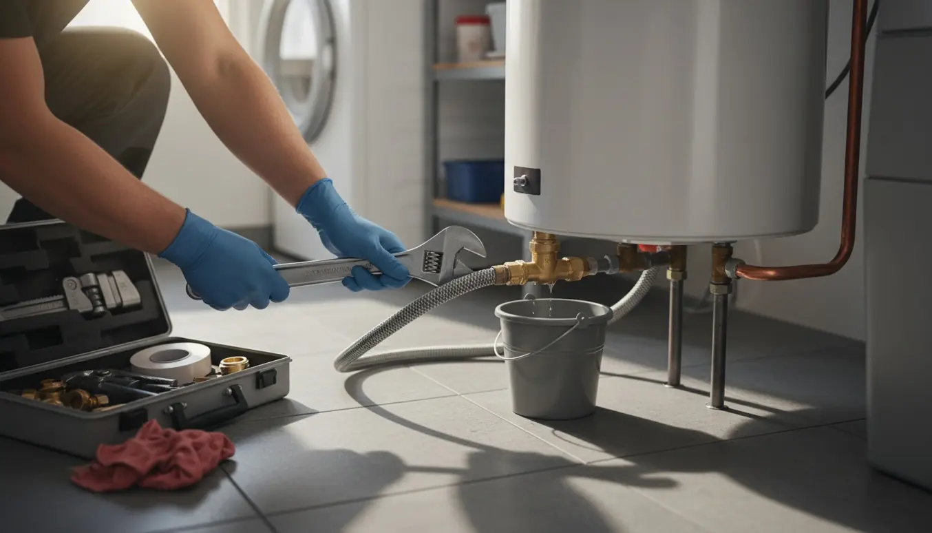 Ny vandvarmer med ny aftapventil og værktøj i bryggerset.