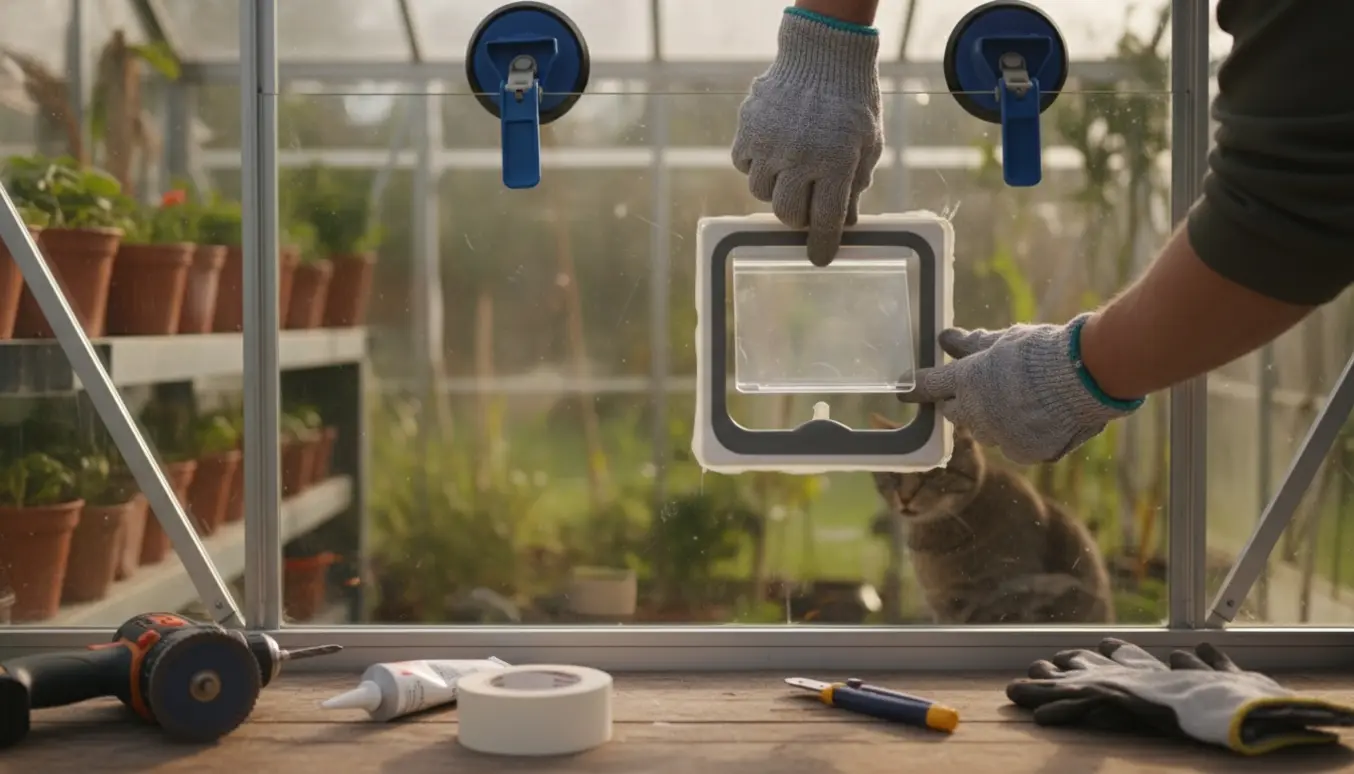 Nærbillede af handsker, værktøj og montering af en gennemsigtig kattelem i enkeltlagsglas på et drivhus.