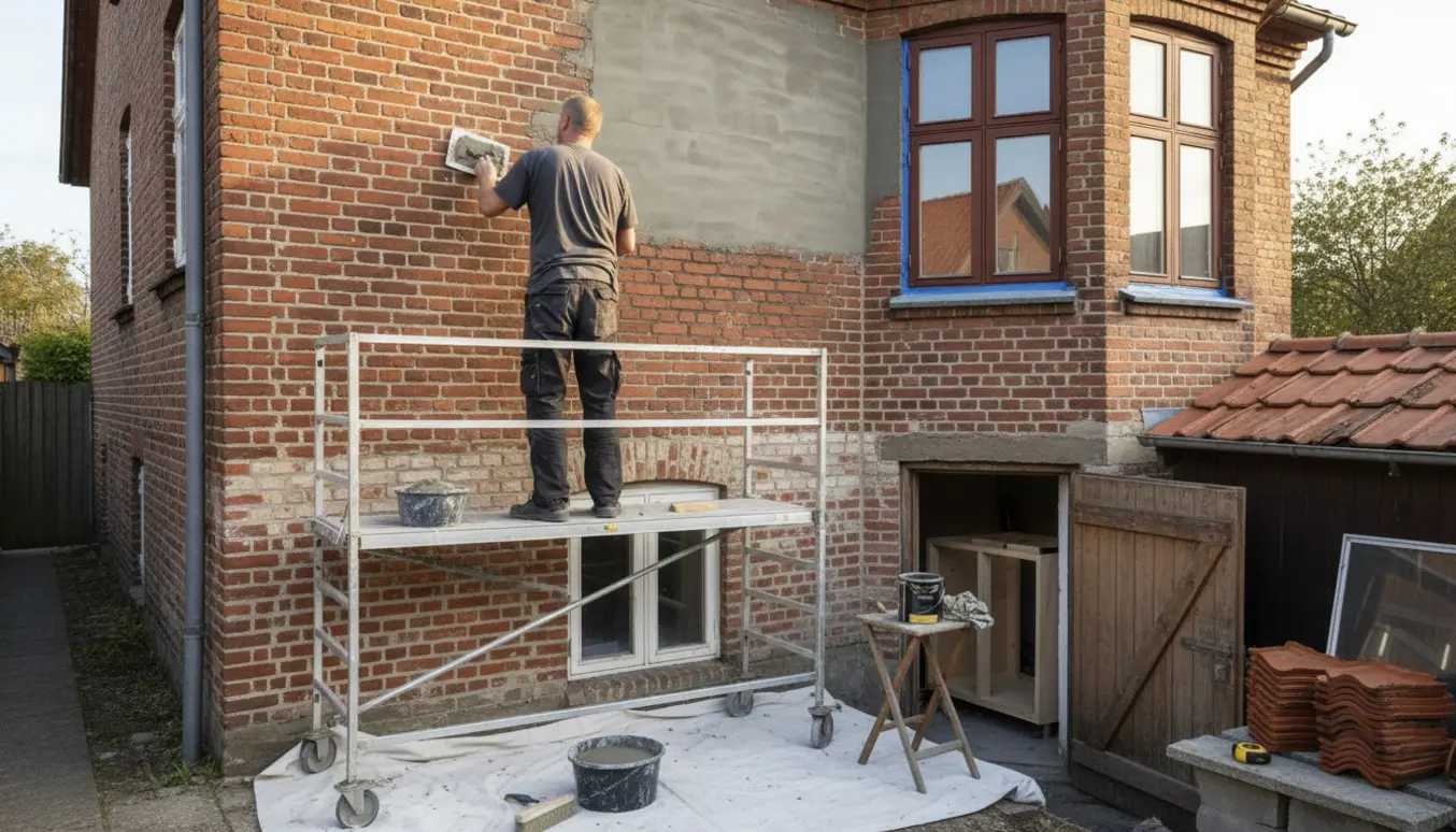 Facade under reparation med vandskuring, træbehandling af karnap og delvist færdige skabe i kælderen.
