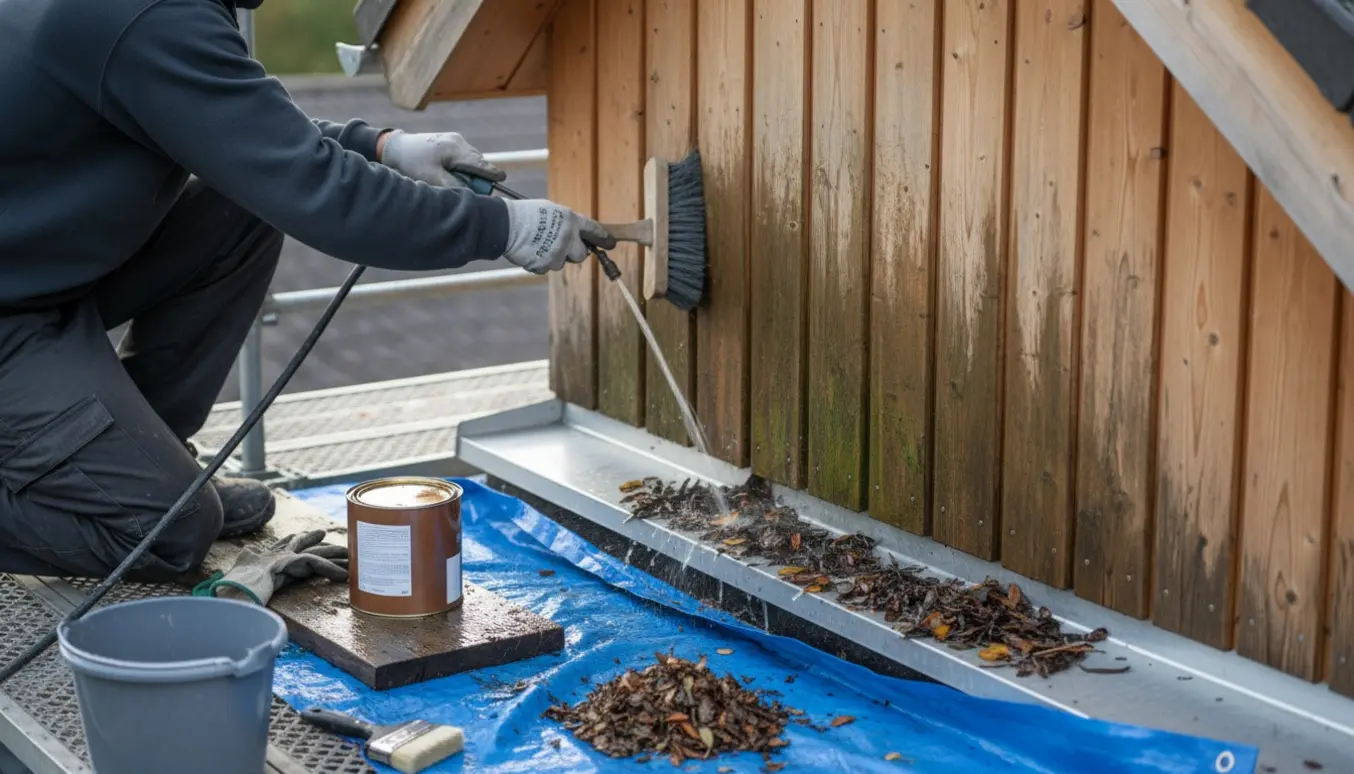 Person renser alger og blade fra træbeklædning på en nordvendt kvist med tagstige og træolie klar.