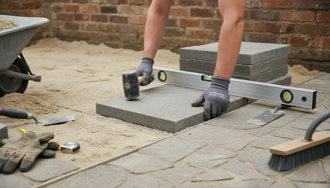 Grå betonfliser lægges på jævnt sand ved en eksisterende gang med værktøj og materialer i baggrunden.