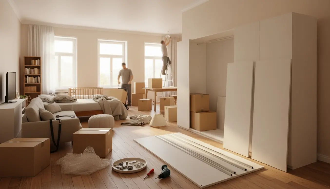 Flyttescene i en lys lejlighed med møbler, flyttekasser og et PAX-lignende skab under adskillelse uden tydelige ansigter.