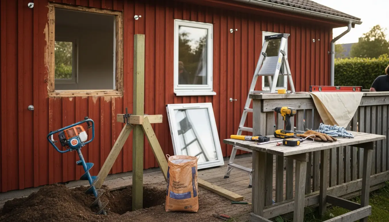 Kolonihavehus under renovering med nye vinduer, værktøj og borede huller til opsætning af et solsejl på terrassen.