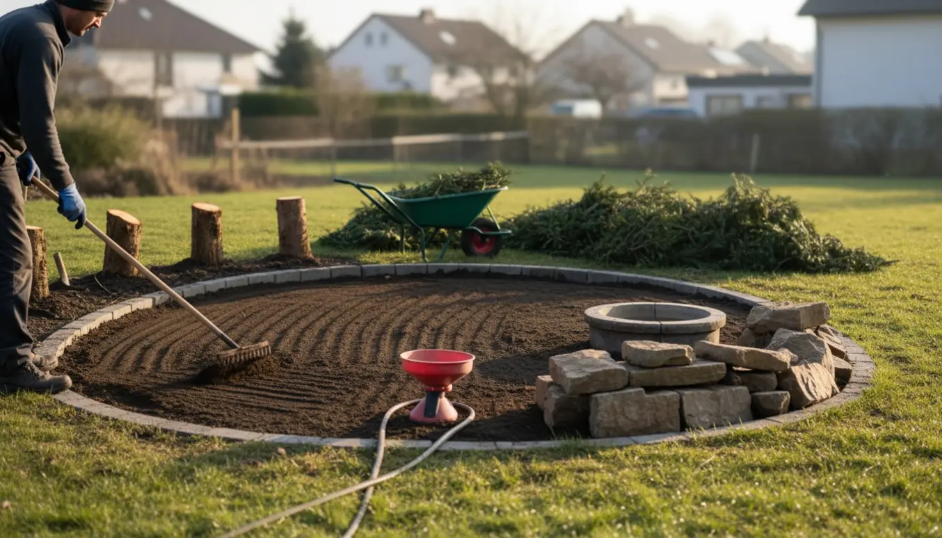 Havearbejde med fjernet vandkunst, udglattet jord og fældede taks klar til bortskaffelse.