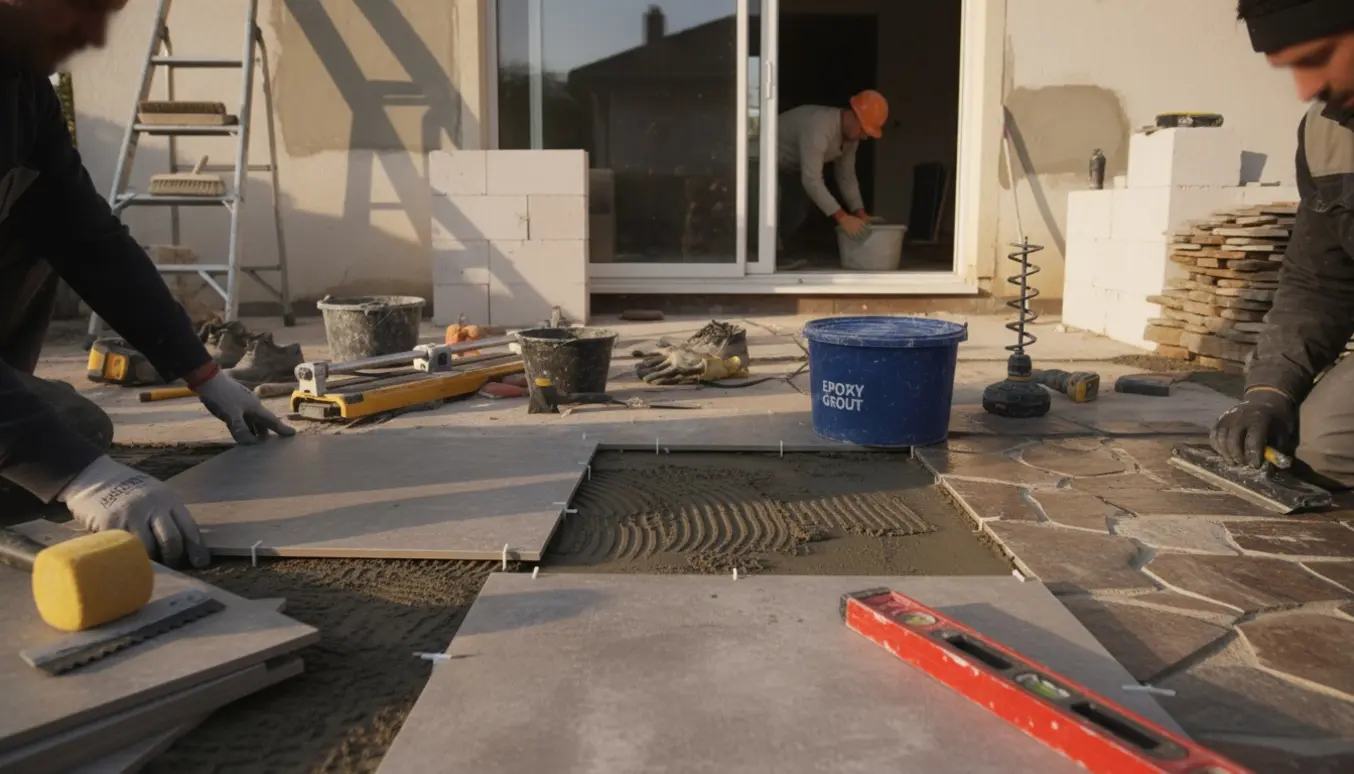 Udendørs terrasse hvor fliser bliver lagt og fuget, med en lille gasbetonvæg under opbygning og reparerede ydermure i baggrunden.