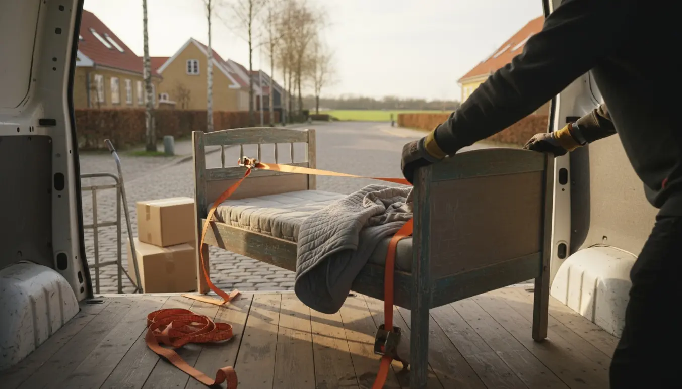 Et ældre børneseng med madras bliver pakket og spændt fast i en varevogn på en stille dansk vej.