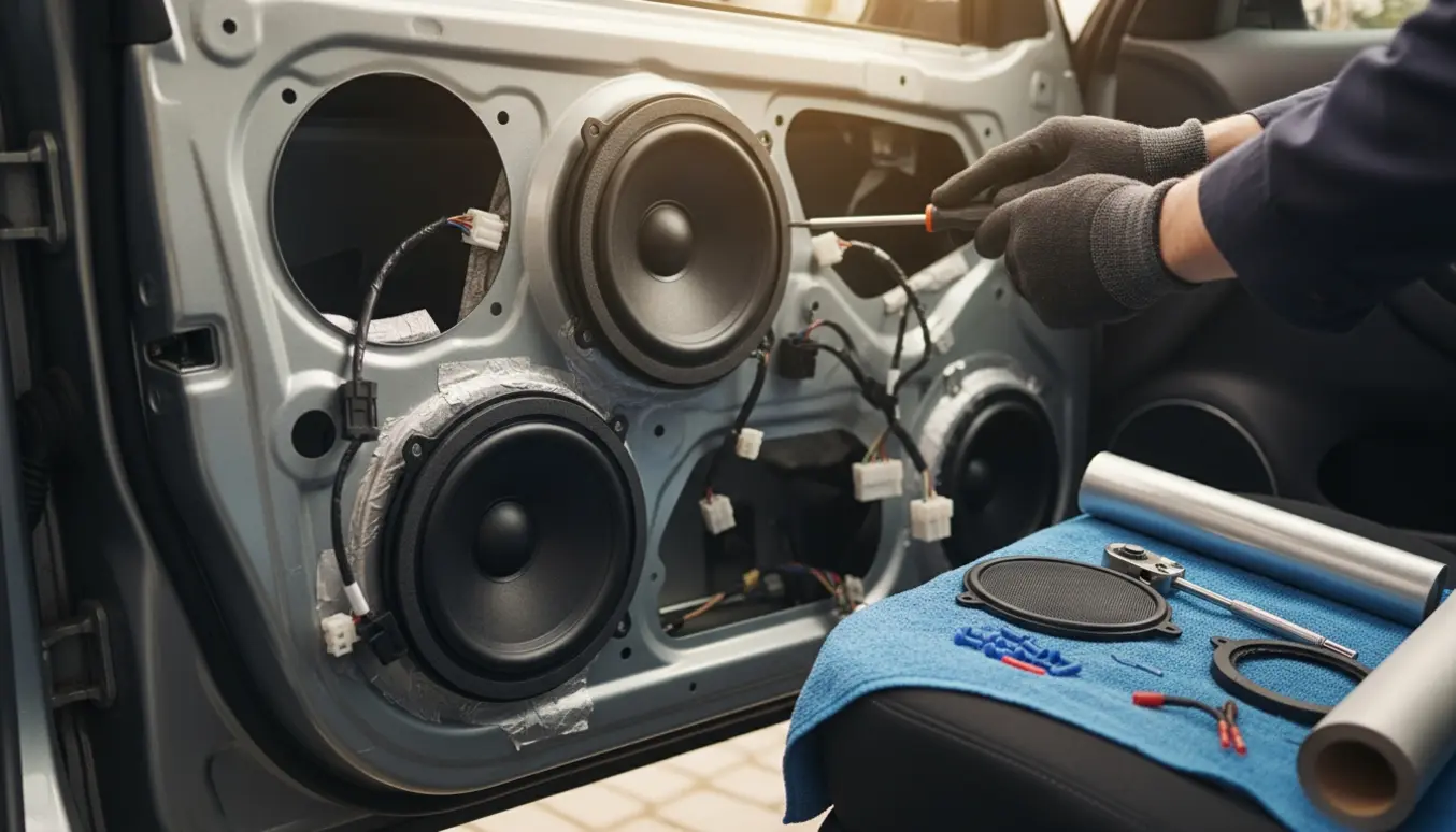 Nærbillede af montering af to nye bilhøjtalere i en bildør med værktøj omkring.