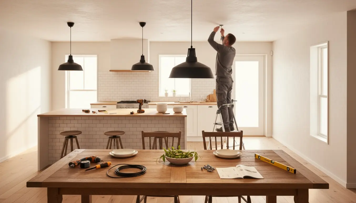 En person på en stige monterer to pendellamper over spisebord og køkkenø med værktøj og varmt lys.