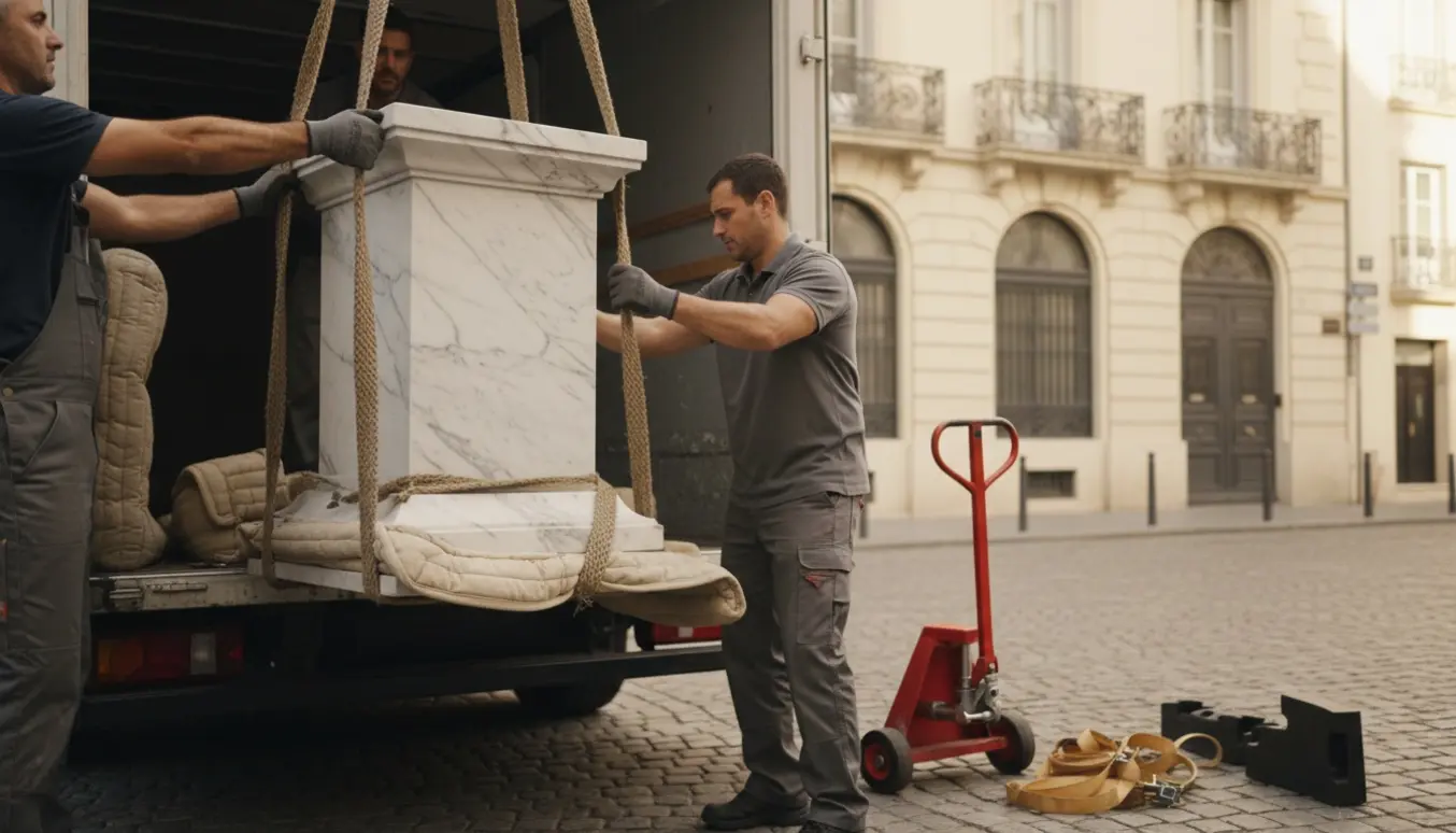 Flyttemænd læsser en tung marmor-piedestal ind i en flyttebil med løftestroppe på en brostensgade.