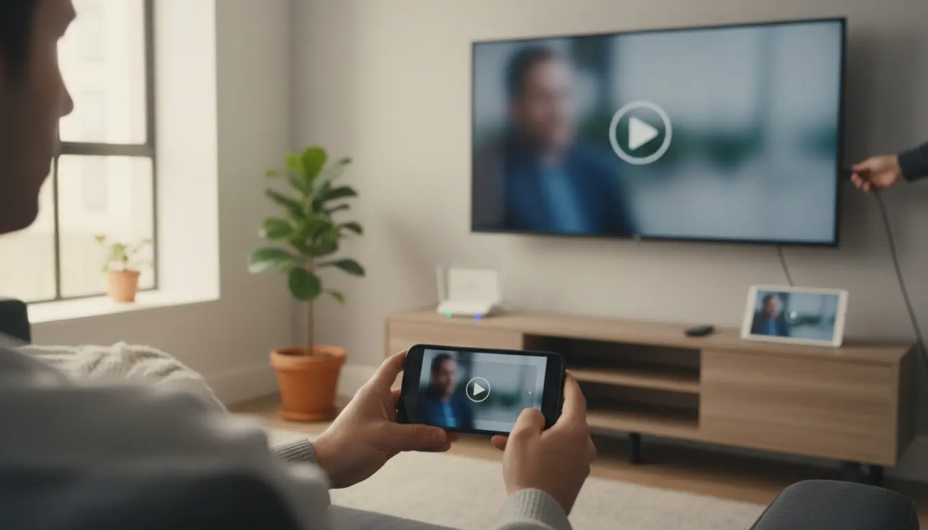Hænder holder en telefon, der caster video til et stort tv i en stue med HDMI-kabel, fjernbetjening og router i nærheden.