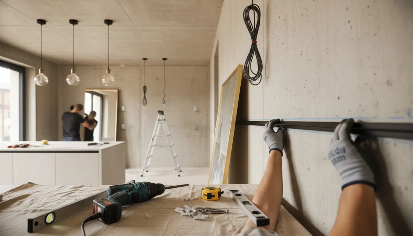 Håndværkere monterer gardin, stort billede, loftlamper og spejl på betonvæggene i et køkkenalrum.