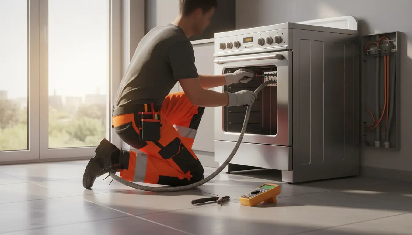 En fagmand (kun hænder synlige) tilslutter kraftig elkabel til et nyt komfur i et lyst køkken.