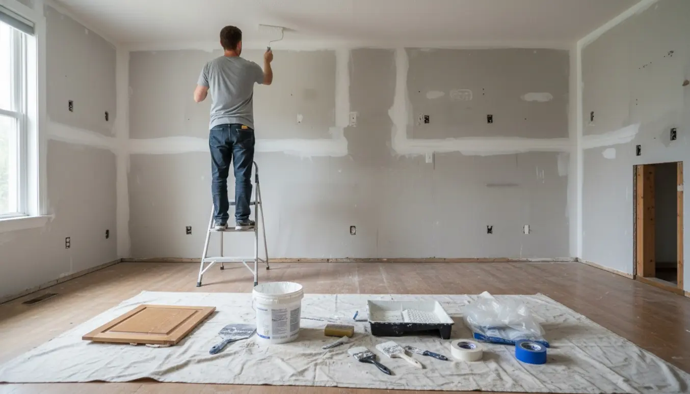 Køkken under forberedelse med spartlede vægge og en maler, der maler loftet.