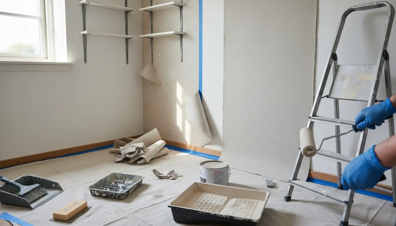 Lille værelse under forberedelse til maling med savsmuldstapet fjernet, væv på væggen og malerværktøj samlet.