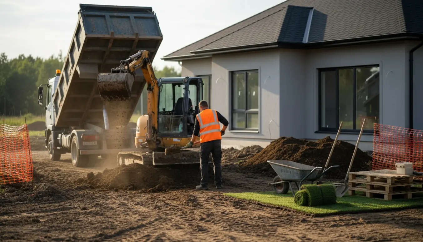 Mini gravemaskine læsser byggejord i en lastbil foran et nybygget hus.