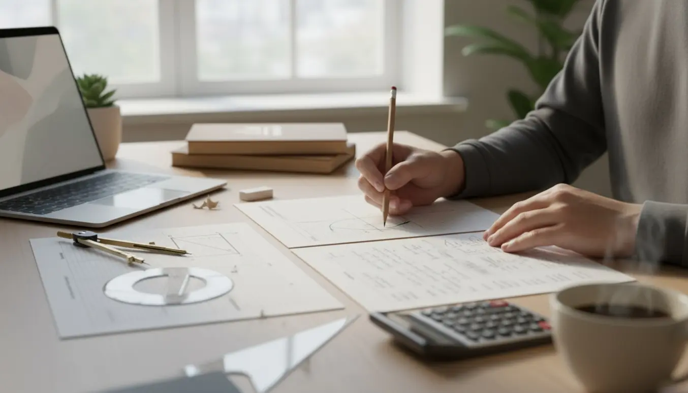 Nærbillede af hænder der arbejder med tre matematikopgaver på et skrivebord med blyant, passer og ruteark i blødt dagslys.