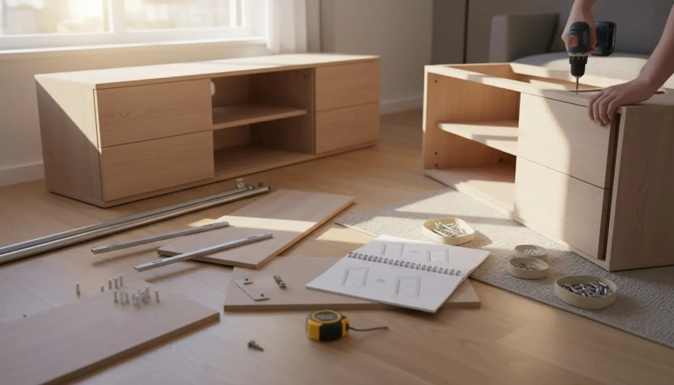 Hænder samler en fladpakket TV-reol og kommode i en lys, moderne stue med værktøj og manualer.